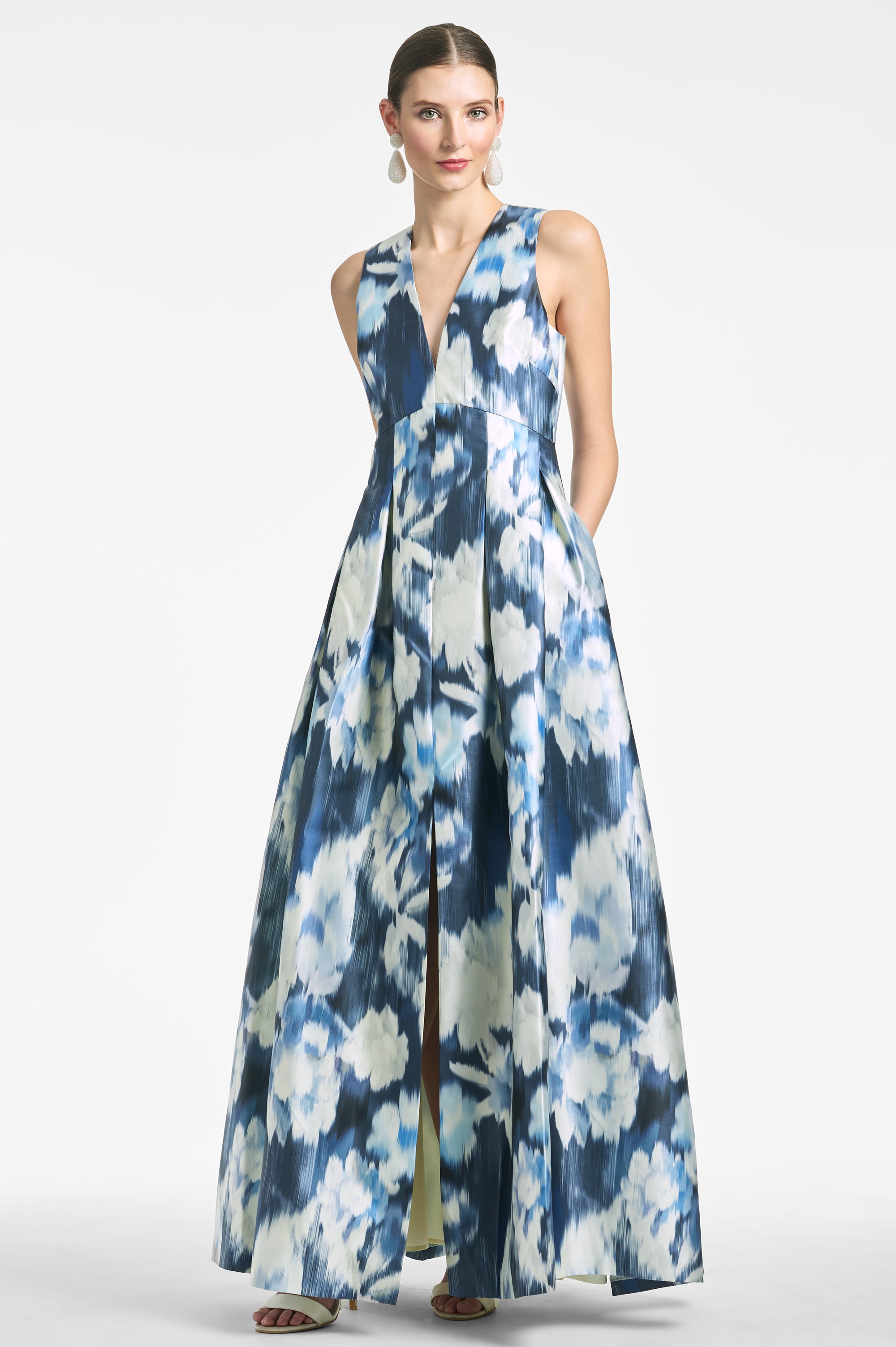 Zapaka Women Blue Printed Plus Size Prom Dress A Line Strapless Formal Dress  with Half Sleeves – ZAPAKA